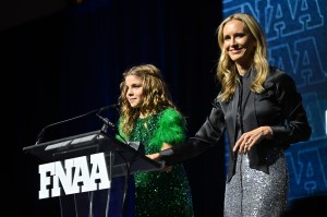 NEW YORK, NEW YORK - DECEMBER 04: Tepper Itzler and Amy Griffin speak onstage during the Footwear News Achievement Awards (FNAAs) 2024 at Cipriani South Street on December 04, 2024 in New York City. (Photo by Roy Rochlin/Footwear News via Getty Images)