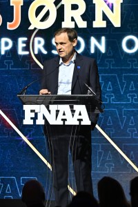 NEW YORK, NEW YORK - DECEMBER 04: Bjorn Gulden speaks onstage during the Footwear News Achievement Awards (FNAAs) 2024 at Cipriani South Street on December 04, 2024 in New York City. (Photo by Roy Rochlin/Footwear News via Getty Images)