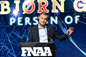 NEW YORK, NEW YORK - DECEMBER 04: Bjorn Gulden speaks onstage during the Footwear News Achievement Awards (FNAAs) 2024 at Cipriani South Street on December 04, 2024 in New York City. (Photo by Roy Rochlin/Footwear News via Getty Images)