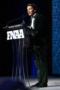 NEW YORK, NEW YORK - DECEMBER 04: Edgardo Osorio speaks onstage during the Footwear News Achievement Awards (FNAAs) 2024 at Cipriani South Street on December 04, 2024 in New York City. (Photo by Roy Rochlin/Footwear News via Getty Images)