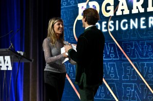 NEW YORK, NEW YORK - DECEMBER 04: Nina Garcia and Edgardo Osorio speak onstage during the Footwear News Achievement Awards (FNAAs) 2024 at Cipriani South Street on December 04, 2024 in New York City. (Photo by Roy Rochlin/Footwear News via Getty Images)