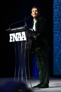 NEW YORK, NEW YORK - DECEMBER 04: Edgardo Osorio speaks onstage during the Footwear News Achievement Awards (FNAAs) 2024 at Cipriani South Street on December 04, 2024 in New York City. (Photo by Roy Rochlin/Footwear News via Getty Images)