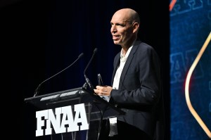 NEW YORK, NEW YORK - DECEMBER 04: Regis Schultz speaks onstage during the Footwear News Achievement Awards (FNAAs) 2024 at Cipriani South Street on December 04, 2024 in New York City. (Photo by Roy Rochlin/Footwear News via Getty Images)