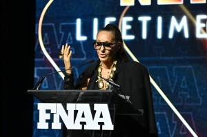 NEW YORK, NEW YORK - DECEMBER 04:  Donna Karan speaks onstage during the Footwear News Achievement Awards (FNAAs) 2024 at Cipriani South Street on December 04, 2024 in New York City. (Photo by Roy Rochlin/Footwear News via Getty Images)