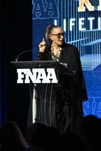 NEW YORK, NEW YORK - DECEMBER 04:  Donna Karan speaks onstage during the Footwear News Achievement Awards (FNAAs) 2024 at Cipriani South Street on December 04, 2024 in New York City. (Photo by Roy Rochlin/Footwear News via Getty Images)