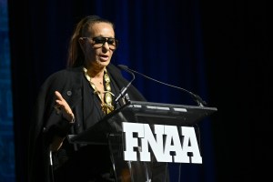 NEW YORK, NEW YORK - DECEMBER 04:  Donna Karan speaks onstage during the Footwear News Achievement Awards (FNAAs) 2024 at Cipriani South Street on December 04, 2024 in New York City. (Photo by Roy Rochlin/Footwear News via Getty Images)