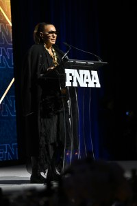 NEW YORK, NEW YORK - DECEMBER 04:  Donna Karan speaks onstage during the Footwear News Achievement Awards (FNAAs) 2024 at Cipriani South Street on December 04, 2024 in New York City. (Photo by Roy Rochlin/Footwear News via Getty Images)