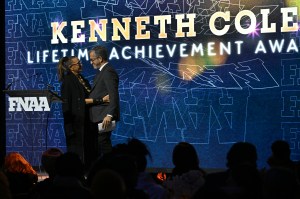 NEW YORK, NEW YORK - DECEMBER 04: Donna Karan and Kenneth Cole speak onstage during the Footwear News Achievement Awards (FNAAs) 2024 at Cipriani South Street on December 04, 2024 in New York City. (Photo by Roy Rochlin/Footwear News via Getty Images)