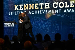 NEW YORK, NEW YORK - DECEMBER 04: Donna Karan and Kenneth Cole speak onstage during the Footwear News Achievement Awards (FNAAs) 2024 at Cipriani South Street on December 04, 2024 in New York City. (Photo by Roy Rochlin/Footwear News via Getty Images)