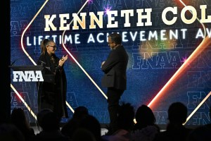 NEW YORK, NEW YORK - DECEMBER 04: Donna Karan and Kenneth Cole speak onstage during the Footwear News Achievement Awards (FNAAs) 2024 at Cipriani South Street on December 04, 2024 in New York City. (Photo by Roy Rochlin/Footwear News via Getty Images)