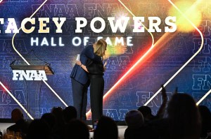 NEW YORK, NEW YORK - DECEMBER 04: Jamie Nordstrom and Tacey Powers speak onstage during the Footwear News Achievement Awards (FNAAs) 2024 at Cipriani South Street on December 04, 2024 in New York City. (Photo by Roy Rochlin/Footwear News via Getty Images)