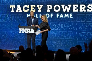 NEW YORK, NEW YORK - DECEMBER 04: Jamie Nordstrom and Tacey Powers speak onstage during the Footwear News Achievement Awards (FNAAs) 2024 at Cipriani South Street on December 04, 2024 in New York City. (Photo by Roy Rochlin/Footwear News via Getty Images)