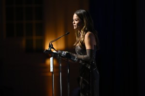 NEW YORK, NEW YORK - DECEMBER 04:  Brooke Burke speaks onstage during the Footwear News Achievement Awards (FNAAs) 2024 at Cipriani South Street on December 04, 2024 in New York City. (Photo by Roy Rochlin/Footwear News via Getty Images)