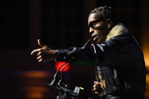 NEW YORK, NEW YORK - DECEMBER 04: A$AP Rocky speaks onstage at the Footwear News Achievement Awards (FNAAs) 2024 at Cipriani South Street on December 04, 2024 in New York City. (Photo by Roy Rochlin/Footwear News via Getty Images)