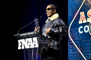 NEW YORK, NEW YORK - DECEMBER 04: A$AP Rocky speaks onstage at the Footwear News Achievement Awards (FNAAs) 2024 at Cipriani South Street on December 04, 2024 in New York City. (Photo by Roy Rochlin/Footwear News via Getty Images)