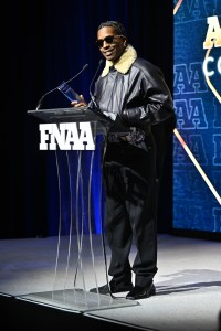 NEW YORK, NEW YORK - DECEMBER 04: A$AP Rocky speaks onstage at the Footwear News Achievement Awards (FNAAs) 2024 at Cipriani South Street on December 04, 2024 in New York City. (Photo by Roy Rochlin/Footwear News via Getty Images)