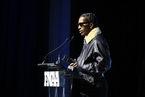 NEW YORK, NEW YORK - DECEMBER 04: A$AP Rocky speaks onstage at the Footwear News Achievement Awards (FNAAs) 2024 at Cipriani South Street on December 04, 2024 in New York City. (Photo by Roy Rochlin/Footwear News via Getty Images)