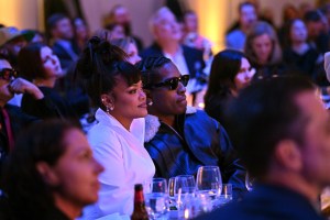 NEW YORK, NEW YORK - DECEMBER 04: Rihanna and A$AP Rocky attend Footwear News Achievement Awards (FNAAs) 2024 at Cipriani South Street on December 04, 2024 in New York City.  (Photo by Roy Rochlin/Footwear News via Getty Images)