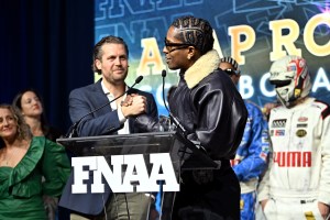 NEW YORK, NEW YORK - DECEMBER 04: Arne Freundt and A$AP Rocky speak onstage at the Footwear News Achievement Awards (FNAAs) 2024 at Cipriani South Street on December 04, 2024 in New York City. (Photo by Roy Rochlin/Footwear News via Getty Images)