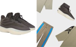 adidas fear of god athletics brown basketball sneakers; sneakers, sweatpants, and sweatshirt