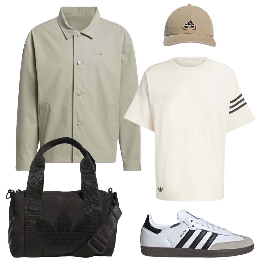 green jacket, white t shirt, brown ball cap, black duffle bag, white striped sneaker