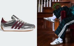 silver and burgundy adidas sneakers; woman wearing adidas sneakers