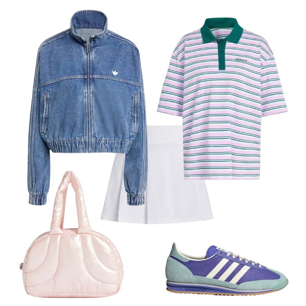 denim track jacket, pink and green stripe polo skirt, white pleated skirt, pink shoulder bag, purple and blue stripe running shoes