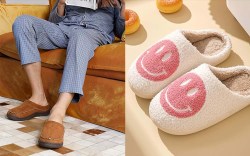 man reading newspaper in pajamas on couch wearing slippers; fuzzy slippers with pink smile face graphic