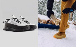 winter sneakers on grey background; man wearing winter sneakers outside in the snow