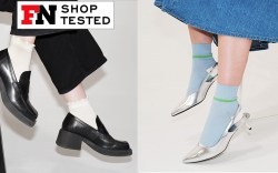 Two Footwear News editors test Bombas socks that they style with black loafers and silver kitten heels