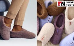 close up of person wearing shearling slippers; purple, white, and brown shearling slippers