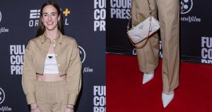 Caitlin Clark wearing the Stuart 100 pumps at ESPN "Full Court Press" premiere