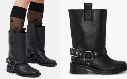 model wearing black leather biker boots; black leather biker boot