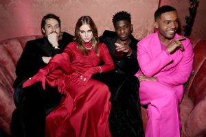 NEW YORK, NEW YORK - DECEMBER 15: (L-R) Lucas Bravo, Camille Razat, Samuel Arnold, and Lucien Laviscount attend the Emily In Paris French Consulate Red Carpet at French Consulate on December 15, 2022 in New York City. (Photo by Jamie McCarthy/Getty Images for Netflix)