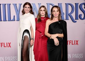 NEW YORK, NEW YORK - DECEMBER 15: (L-R) Kate Walsh, Camille Razat, and Philippine Leroy-Beaulieu attend the Emily In Paris French Consulate Red Carpet at French Consulate on December 15, 2022 in New York City. (Photo by Jamie McCarthy/Getty Images for Netflix)