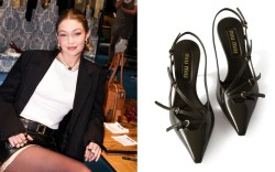 Gigi Hadid, Miu Miu, kitten heel, slingback, buckle, green, blazer, Miu Miu Select, Miami