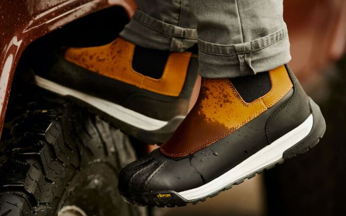 Huckberry All-Weather Chore Boots on man with cuffed jeans