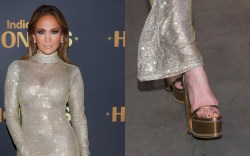 Jennifer Lopez's gold shoes at the IndieWire Honors 2024 held at Citizen News on December 05, 2024 in Los Angeles, California.