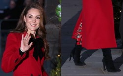 Kate Middleton, Princess of Wales, "Together At Christmas," carol service, suede, boots, red, bow, Prince Willaim