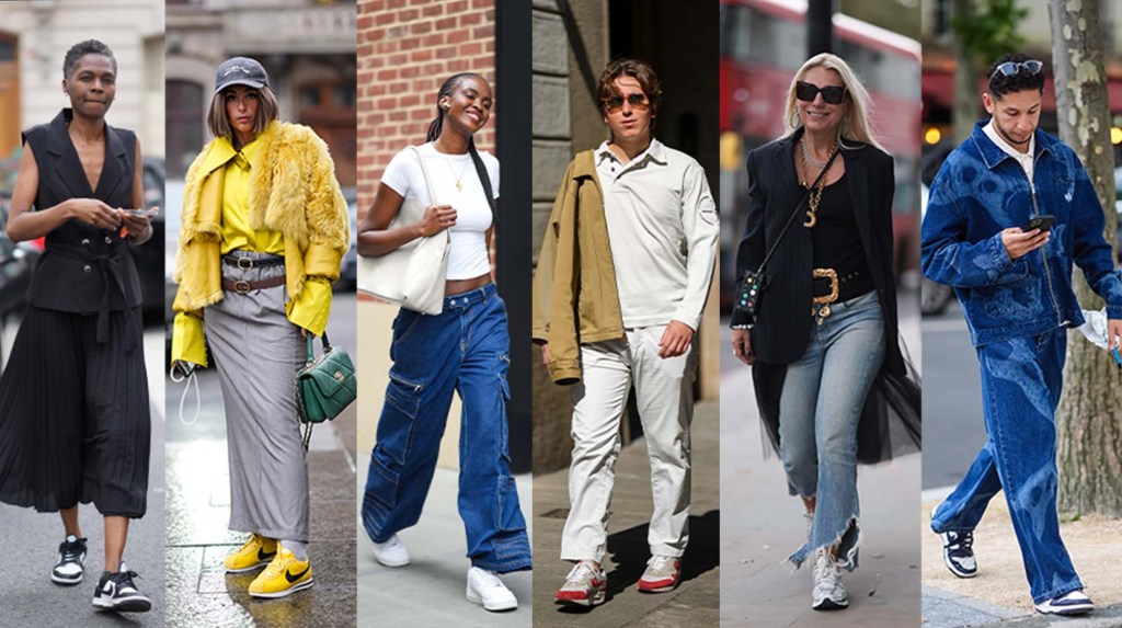 Fashion Week attendees wearing various Nike sneakers.