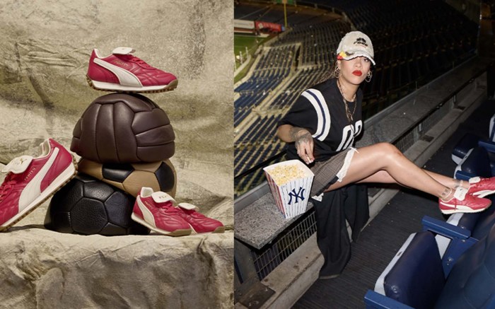 red Puma sneakers; Rihanna wearing red Puma sneakers