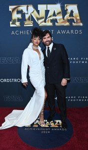 NEW YORK, NEW YORK - DECEMBER 04: Rihanna and Michael Atmore attend Footwear News Achievement Awards (FNAAs) 2024 at Cipriani South Street on December 04, 2024 in New York City.  (Photo by Roy Rochlin/Footwear News via Getty Images)