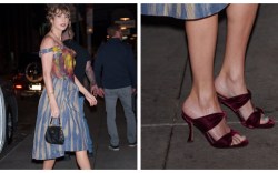 Taylor Swift, Aquazzura, burgundy, sandals, trends, New York, striped dress