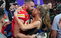 Football: Super Bowl LVIII: Kansas City Chiefs Travis Kelce (87) kisses girlfriend and singer Taylor Swift following victory vs San Francisco 49ers at Allegiant Stadium. Las Vegas, NV 2/11/2024 CREDIT: Erick W. Rasco (Photo by Erick W. Rasco/Sports Illustrated via Getty Images) (Set Number: X164496 TK1)