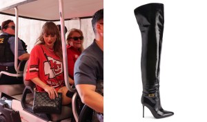 Taylor Swift, thigh-high boots, patent leather, slouchy, Travis Kelce, Kansas City Chiefs, football, vintage, Giuseppe Zanotti