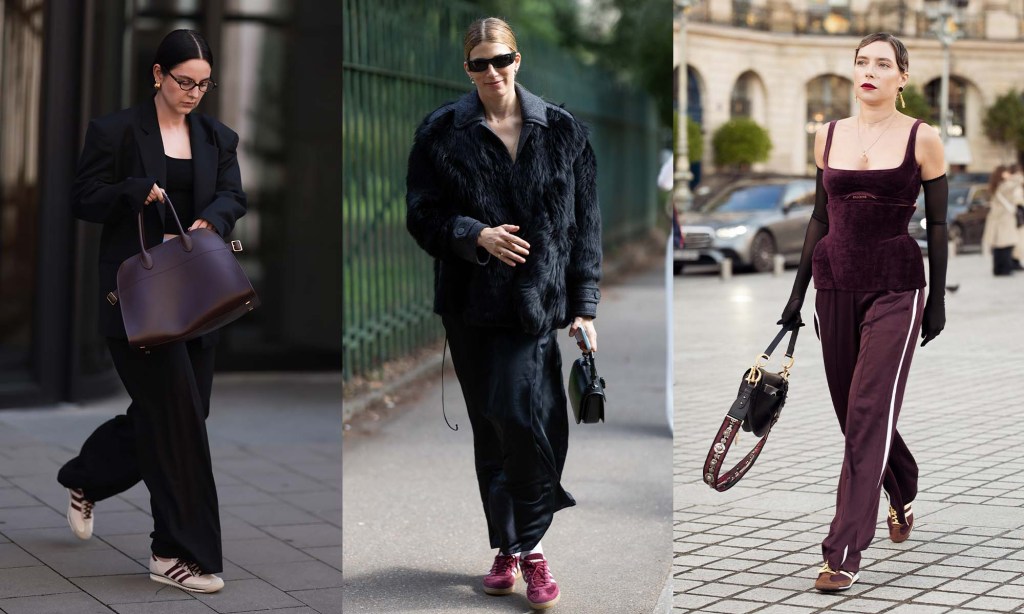 three women wear various burgundy sneaker styles